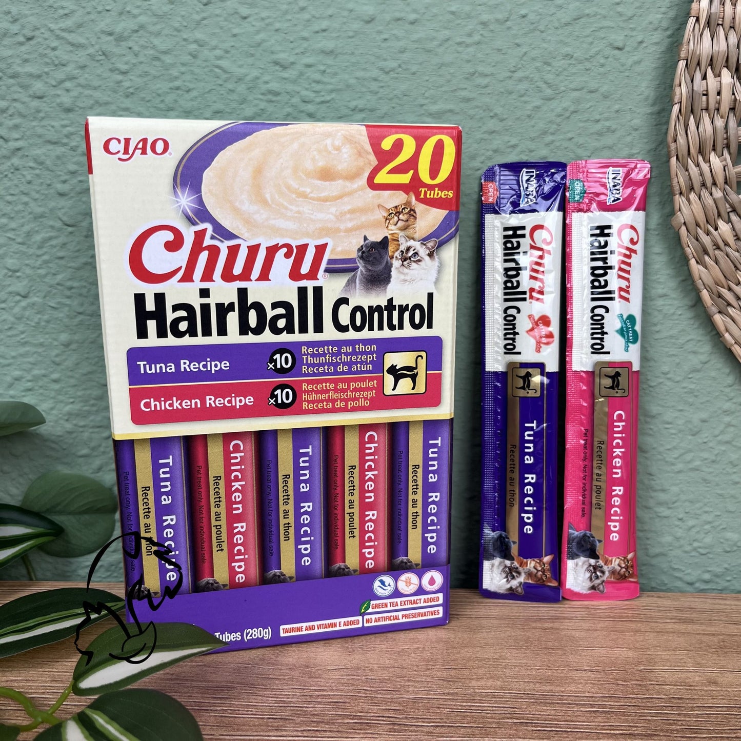 INABA - CHURU HAIRBALL CAJA 20 UNIDADES - VARIEDADES DE ATÚN Y POLLO PARA GATOS