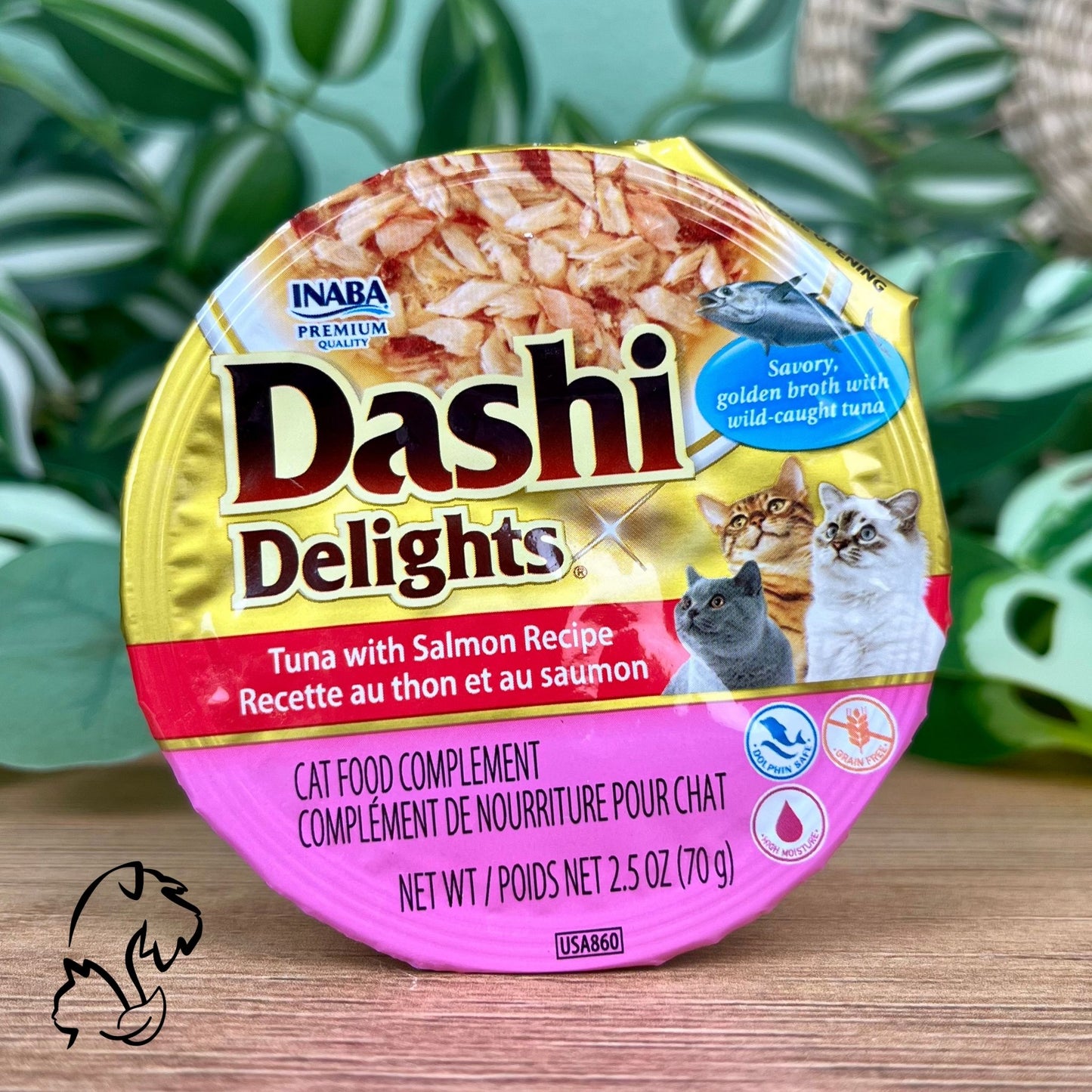 Inaba Dashi Delights, comida húmeda complementaria y sin cereales de atún con salmón en caldo de vieira para gatos