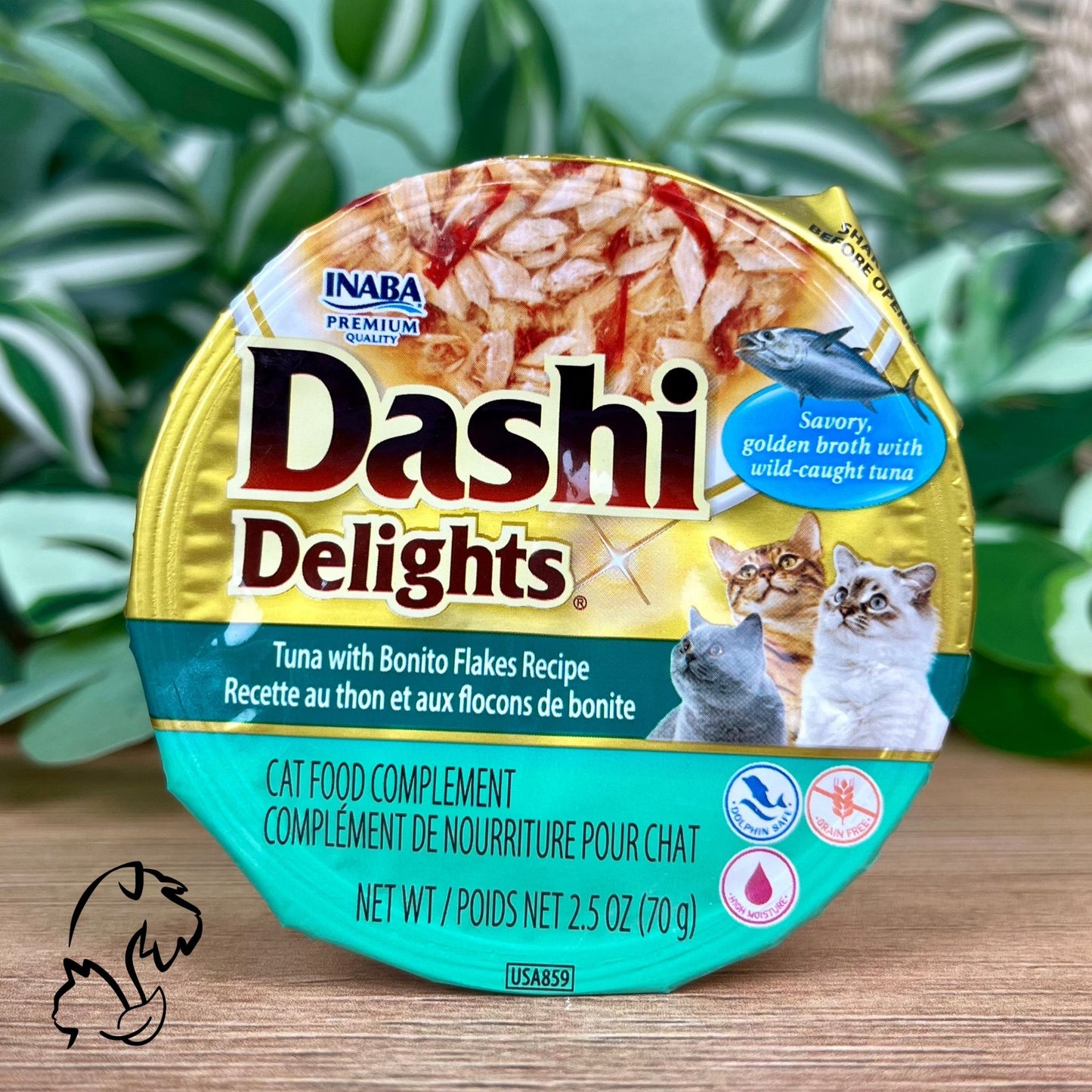 Inaba Dashi Delights, comida húmeda complementaria y sin cereales de atún con virutas de bonito en caldo de vieira para gatos