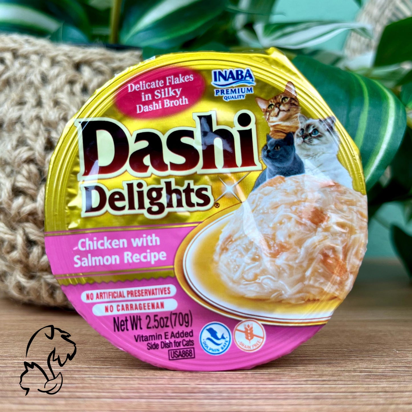 Inaba Dashi Delights, comida húmeda complementaria y sin cereales de pollo con salmón en caldo de vieira para gatos