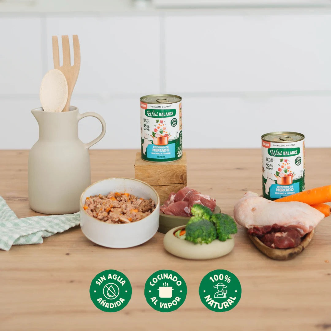 ⚡️GANGA⚡️WILD BALANCE - LATA ESTOFADO DE MERCADO DE POLLO CON PAVO, TERNERA Y CERDO PARA PERROS