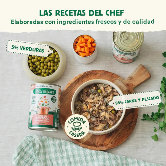 WILD BALANCE - LATA GUISO DEL PESCADOR DE POLLO Y SALMÓN CON TENERA Y CERDO PARA PERROS