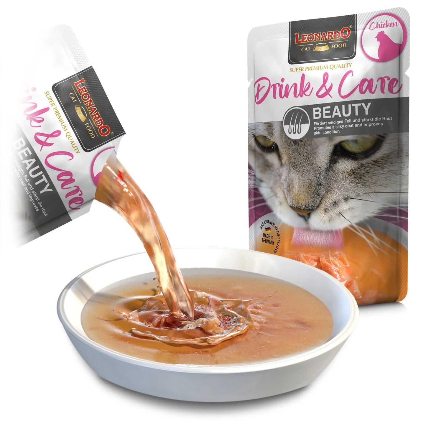 Drink Beauty, Sopa de pollo con krill para gatos de la marca Leonardo