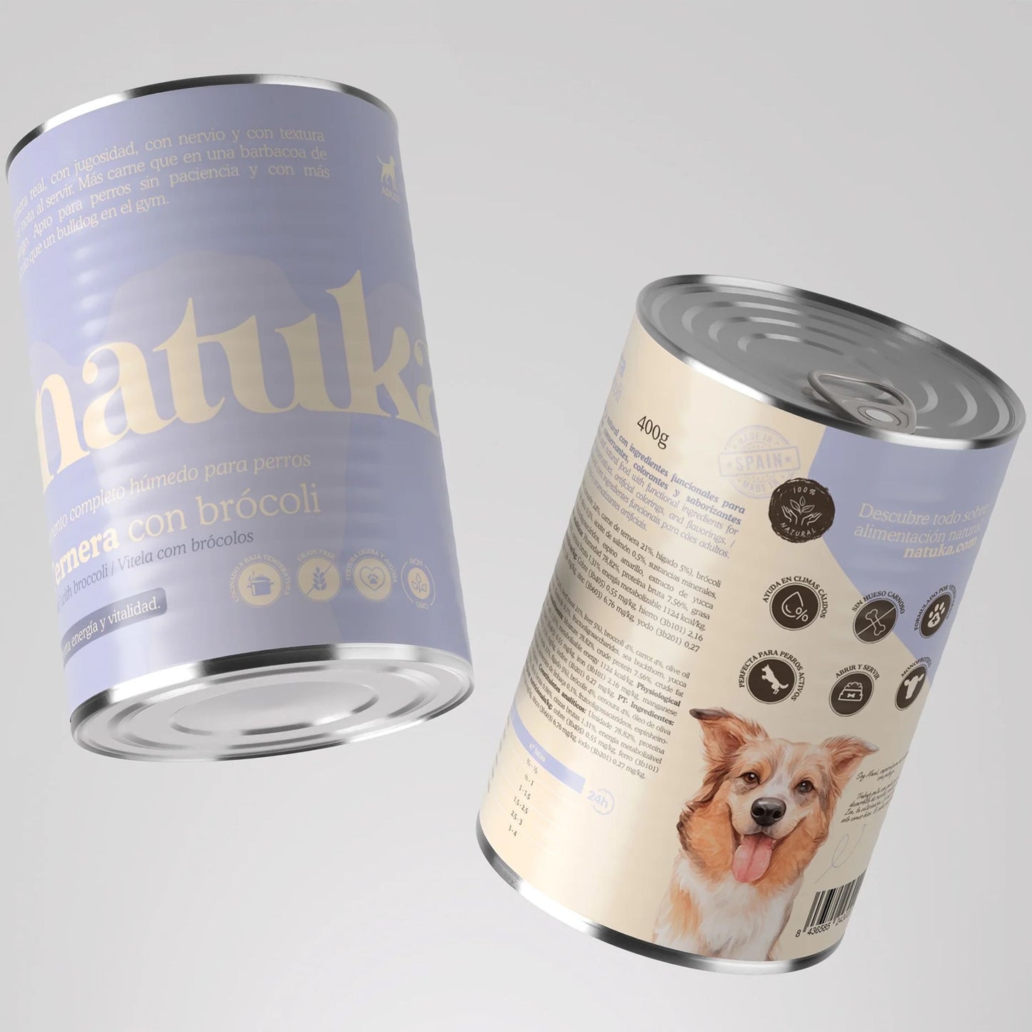 Lata de comida húmeda, monoproteica, completa y sin cereales para perros de la marca Natuka elaborada con ternera.