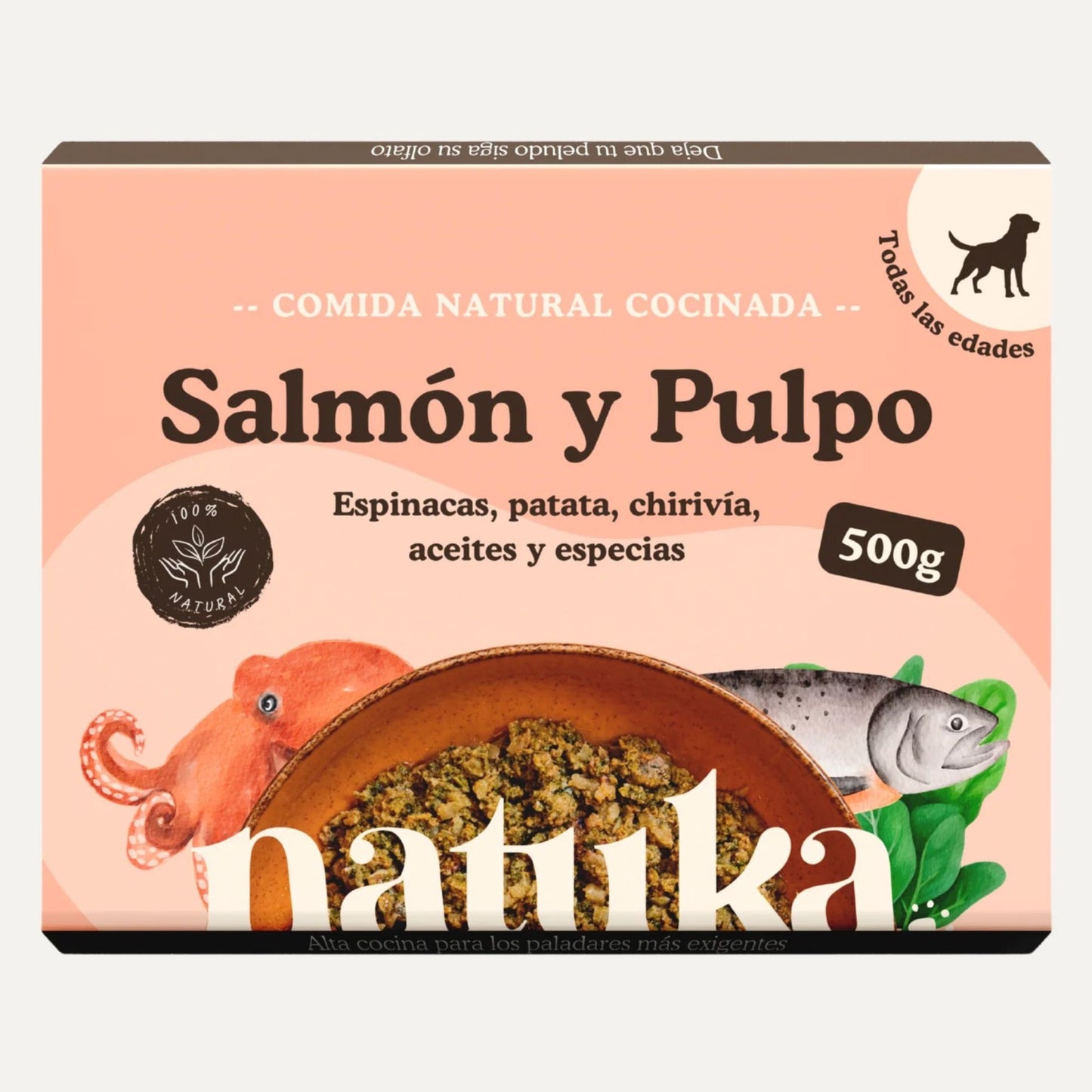 Natuka, comida natural cocinada, receta de salmón y pulpo para perros de todas las edades y tamaños.