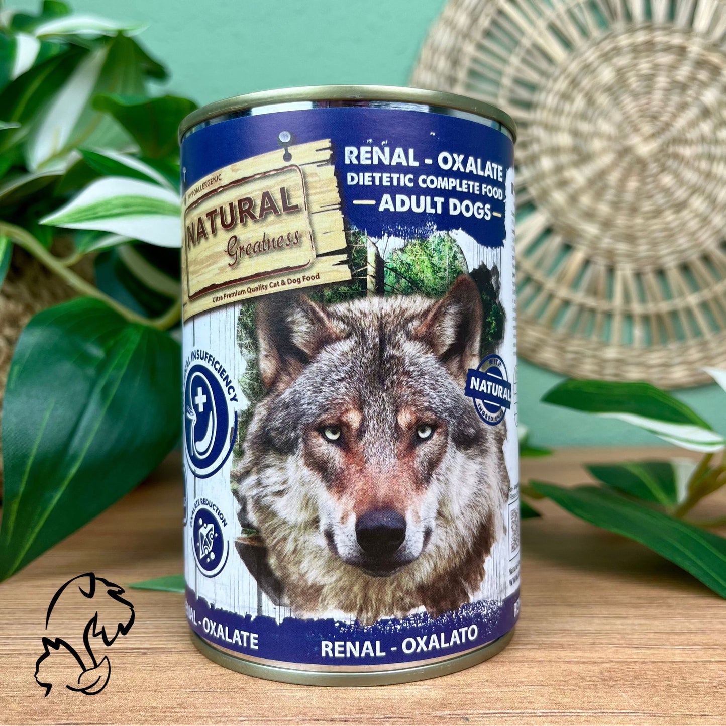 Natural Greatness, lata comida húmeda sin cereales a base de pollo y vacuno para perros con problemas renales o cálculos de oxalato
