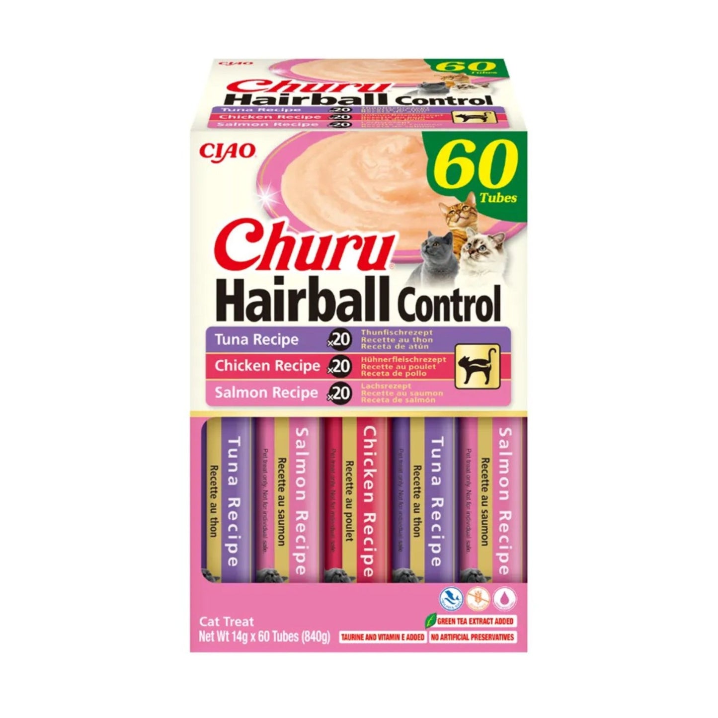 ⚡️GANGA⚡️INABA - CHURU HAIRBALL CAJA 60 UNIDADES - VARIEDADES DE ATÚN, POLLO Y SALMÓN PARA GATOS