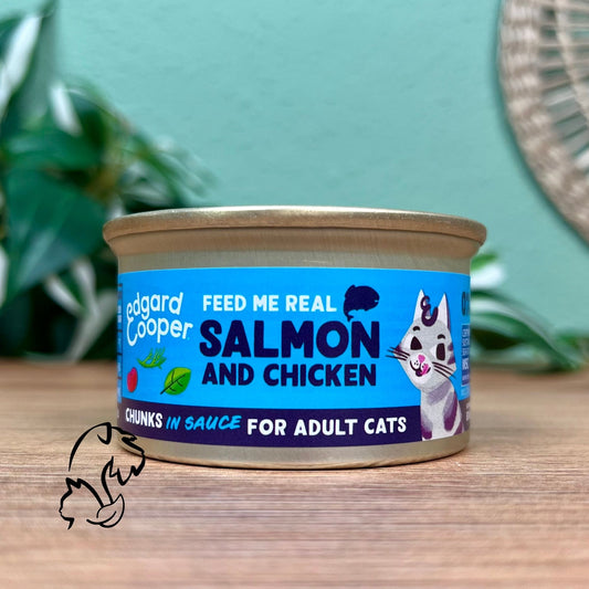 EDGARD & COOPER - LATA TROCITOS DE POLLO CON SALMÓN Y VACUNO EN SALSA PARA GATOS