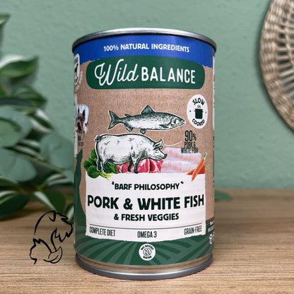 WILD BALANCE - LATA FILOSOFÍA BARF DE CERDO Y MERLUZA PARA PERROS