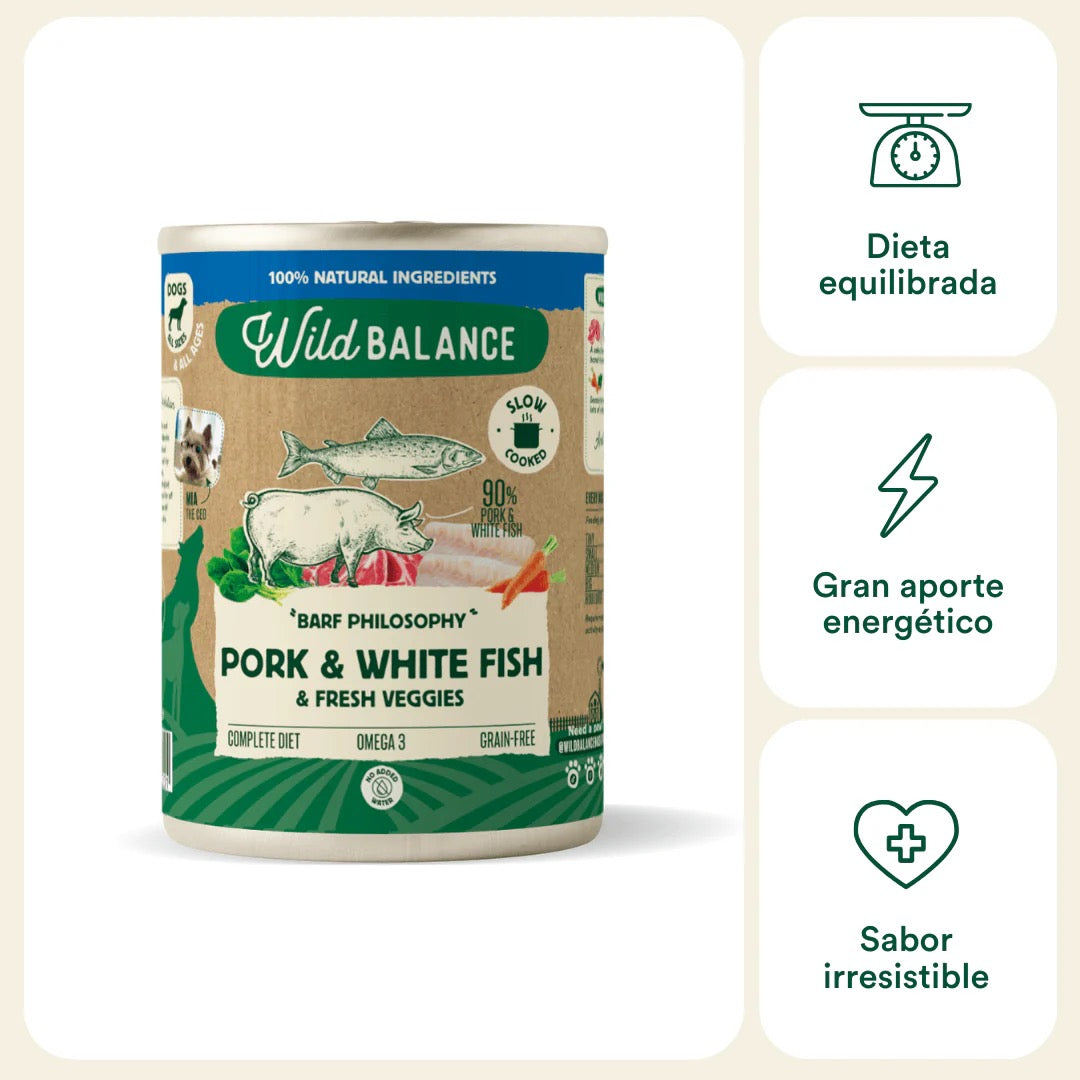 WILD BALANCE - LATA FILOSOFÍA BARF DE CERDO Y MERLUZA PARA PERROS