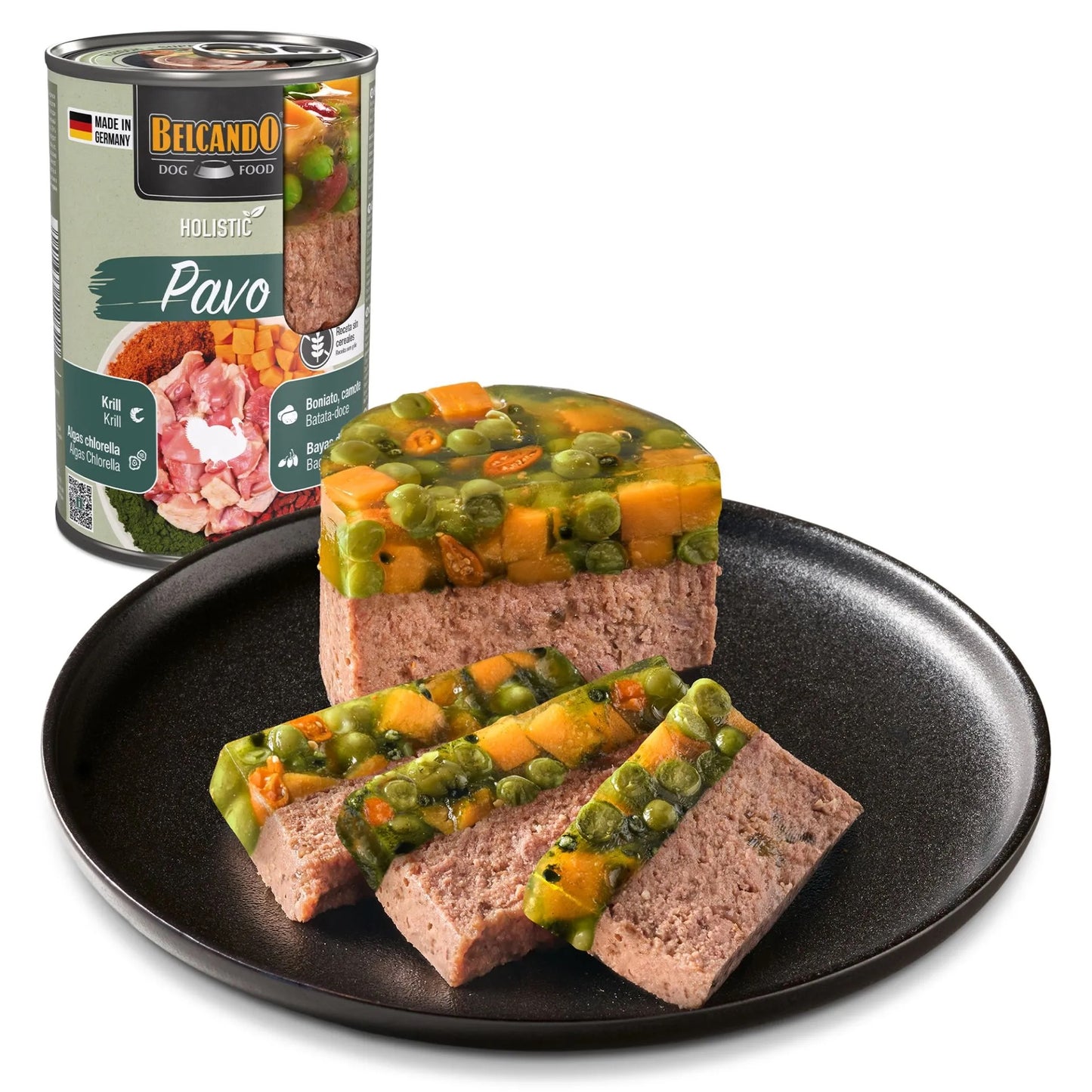 Belcando Holistic, lata de comida húmeda sin cereales con ingredientes naturales, receta de pavo con pollo y krill para perros