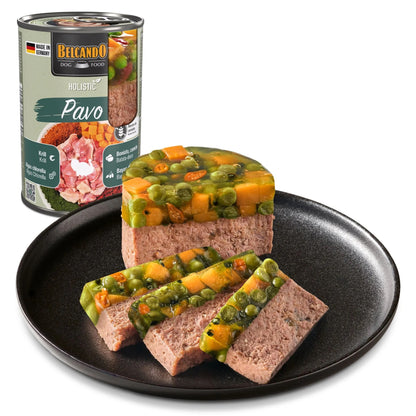 Belcando Holistic, lata de comida húmeda sin cereales con ingredientes naturales, receta de pavo con pollo y krill para perros