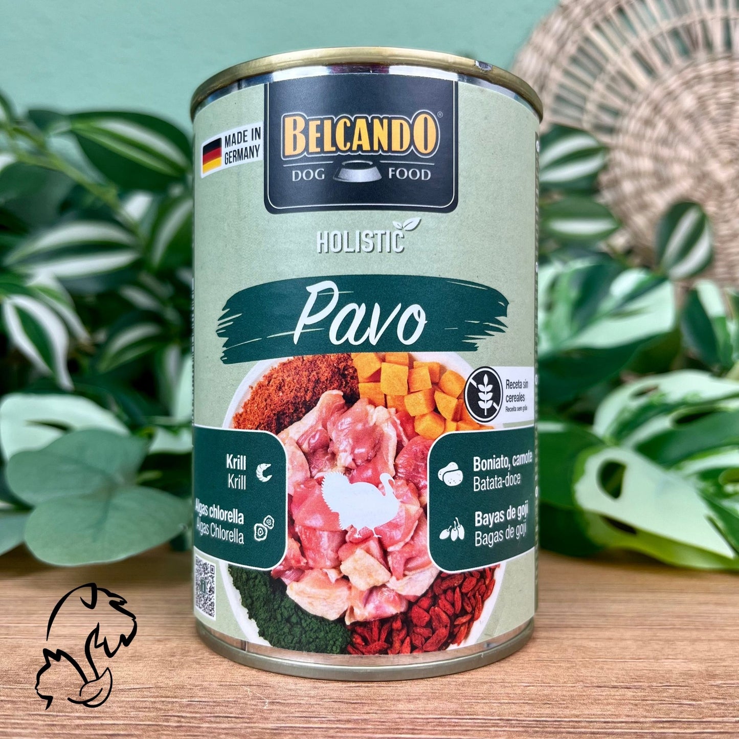 Belcando Holistic, lata de comida húmeda sin cereales con ingredientes naturales, receta de pavo con pollo y krill para perros