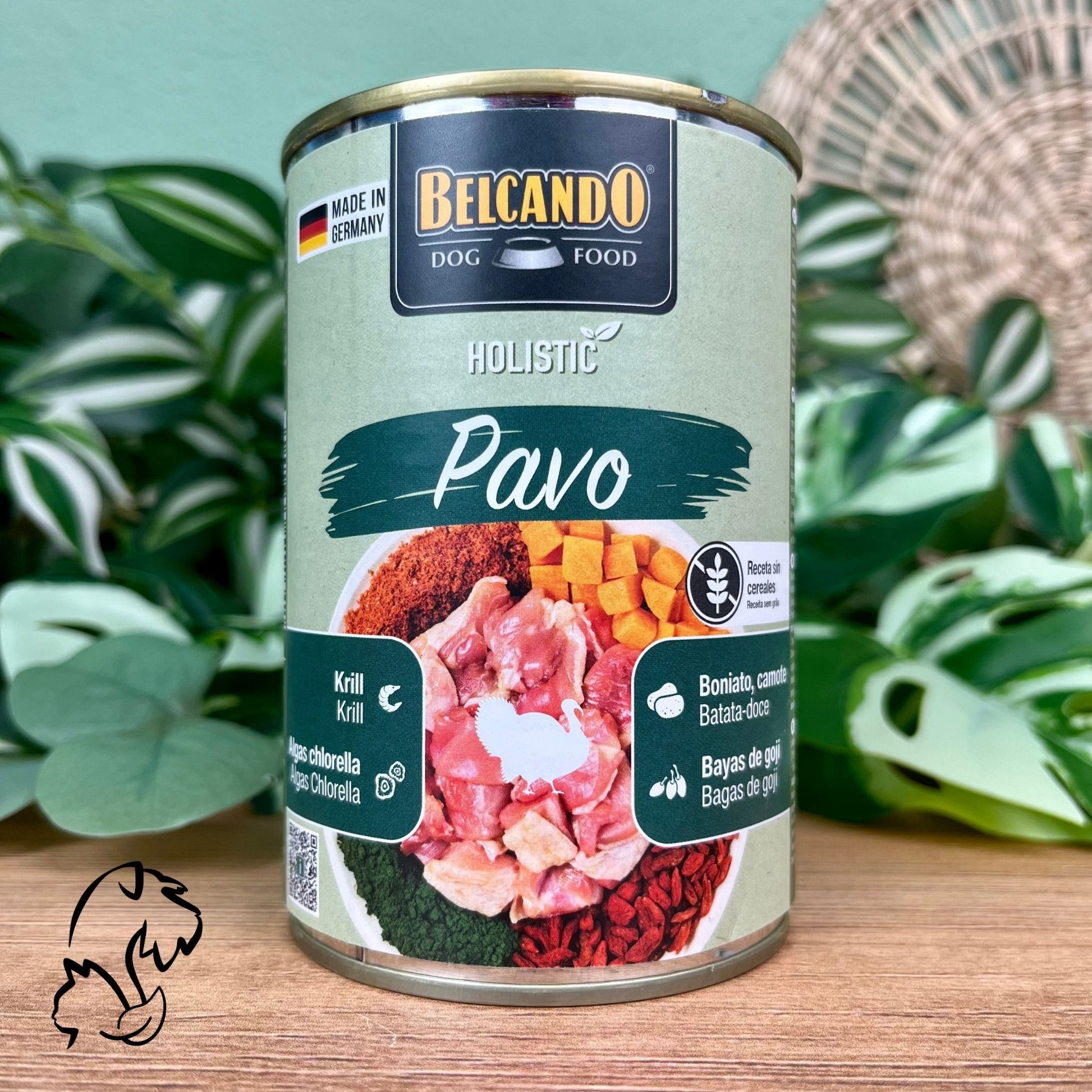 Belcando Holistic, lata de comida húmeda sin cereales con ingredientes naturales, receta de pavo con pollo y krill para perros