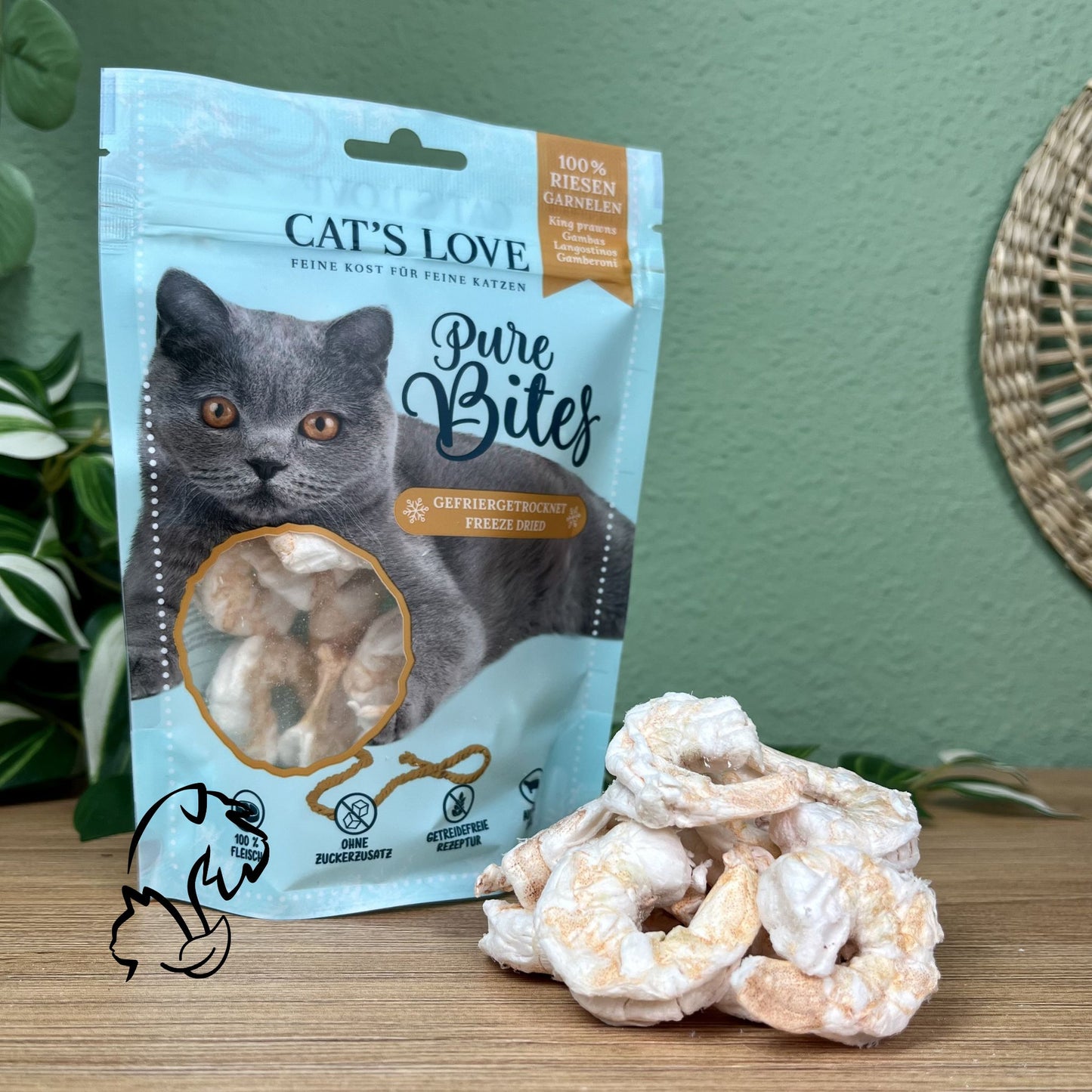 bolsita y contenido de los premios pure bites de langostinos liofilizados de la marca cat´s love para gatos