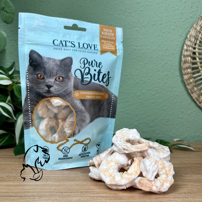 bolsita y contenido de los premios pure bites de langostinos liofilizados de la marca cat´s love para gatos