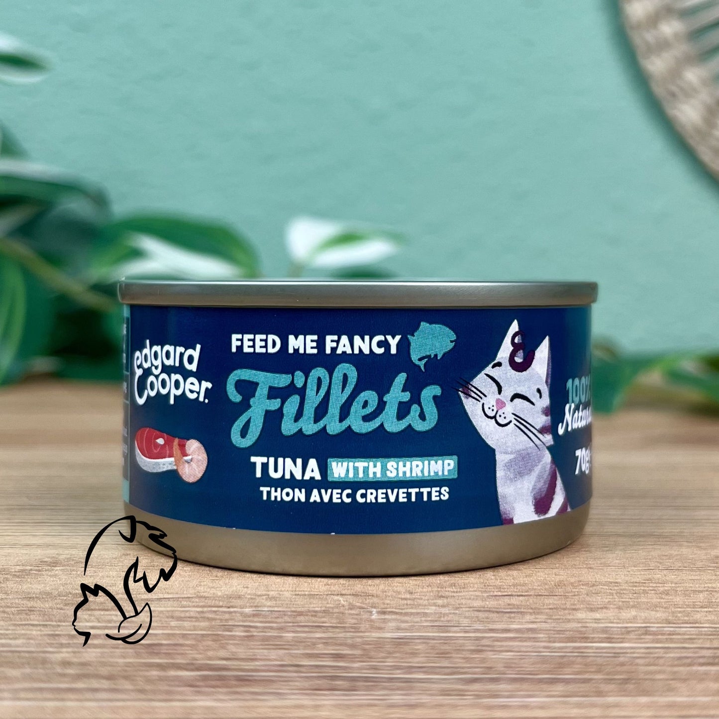 Lata complementaria sin cereales de filetes de atún con gambas para gatos de la marca Edgard & Cooper.