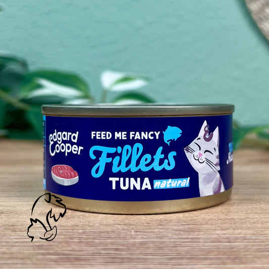 Lata complementaria sin cereales de filetes de atún para gatos de la marca Edgard & Cooper.
