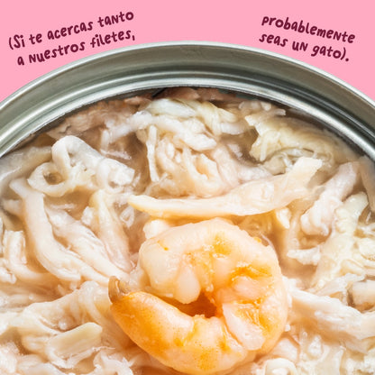 Comida húmeda complementaria sin cereales de filetes de pollo con gambas para gatos de la marca Edgard & Cooper.