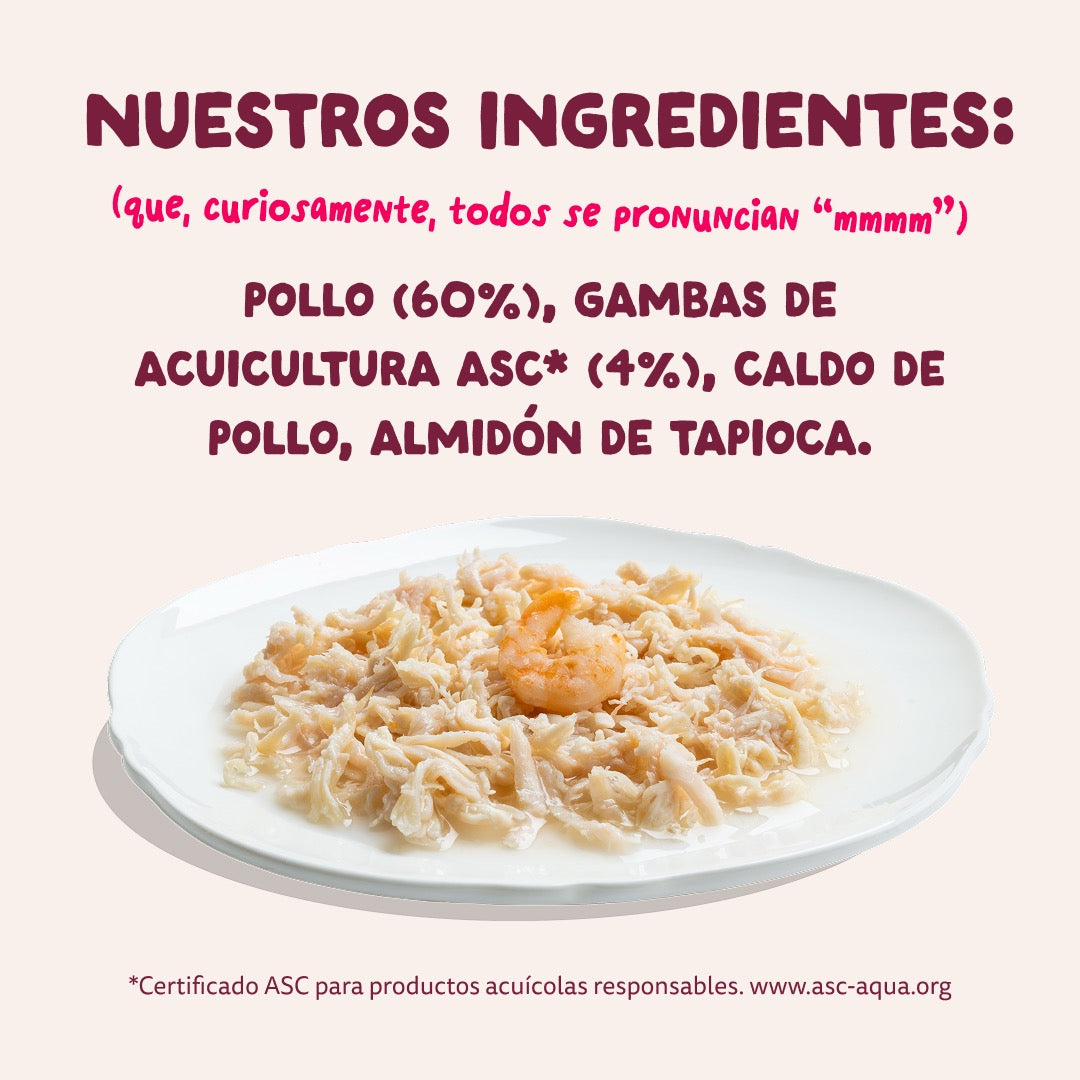 Comida húmeda complementaria sin cereales de filetes de pollo con gambas para gatos de la marca Edgard & Cooper.