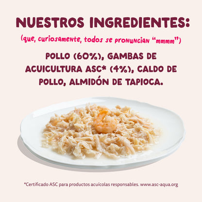 Comida húmeda complementaria sin cereales de filetes de pollo con gambas para gatos de la marca Edgard & Cooper.