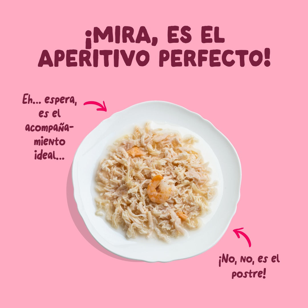 Comida húmeda complementaria sin cereales de filetes de pollo con gambas para gatos de la marca Edgard & Cooper.