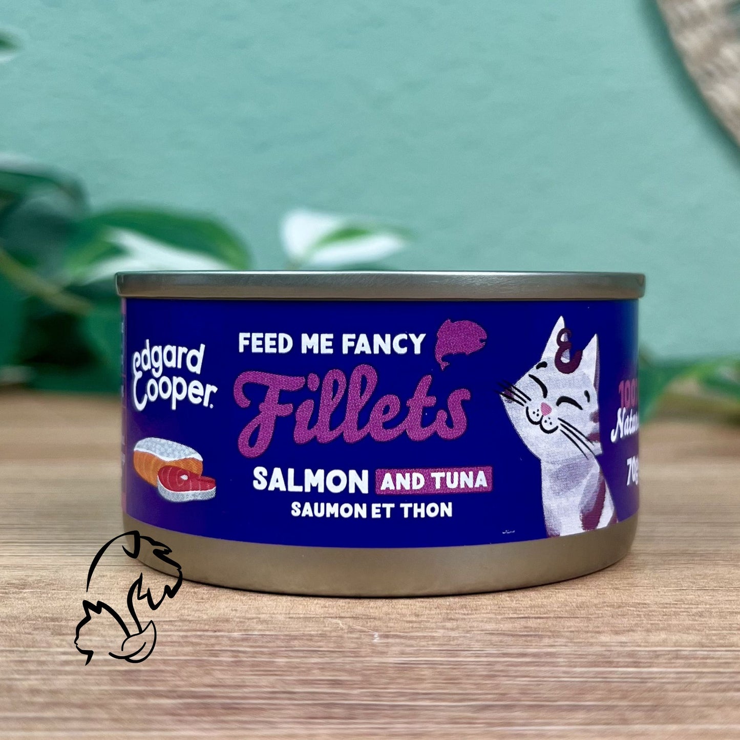 Lata complementaria sin cereales de filetes de salmon y atún para gatos de la marca Edgard & Cooper.