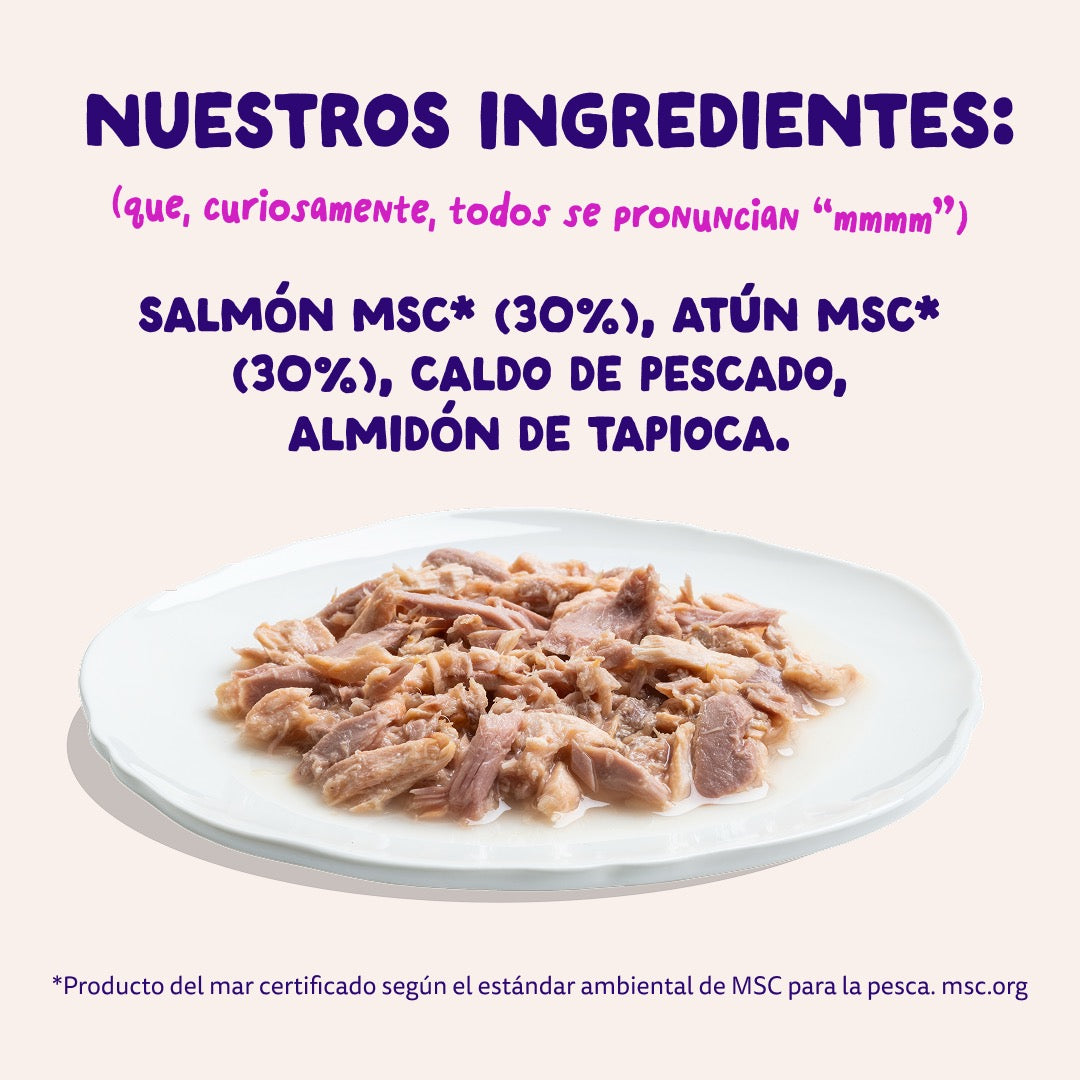 Comida húmeda complementaria sin cereales de filetes de salmon y atún para gatos de la marca Edgard & Cooper.