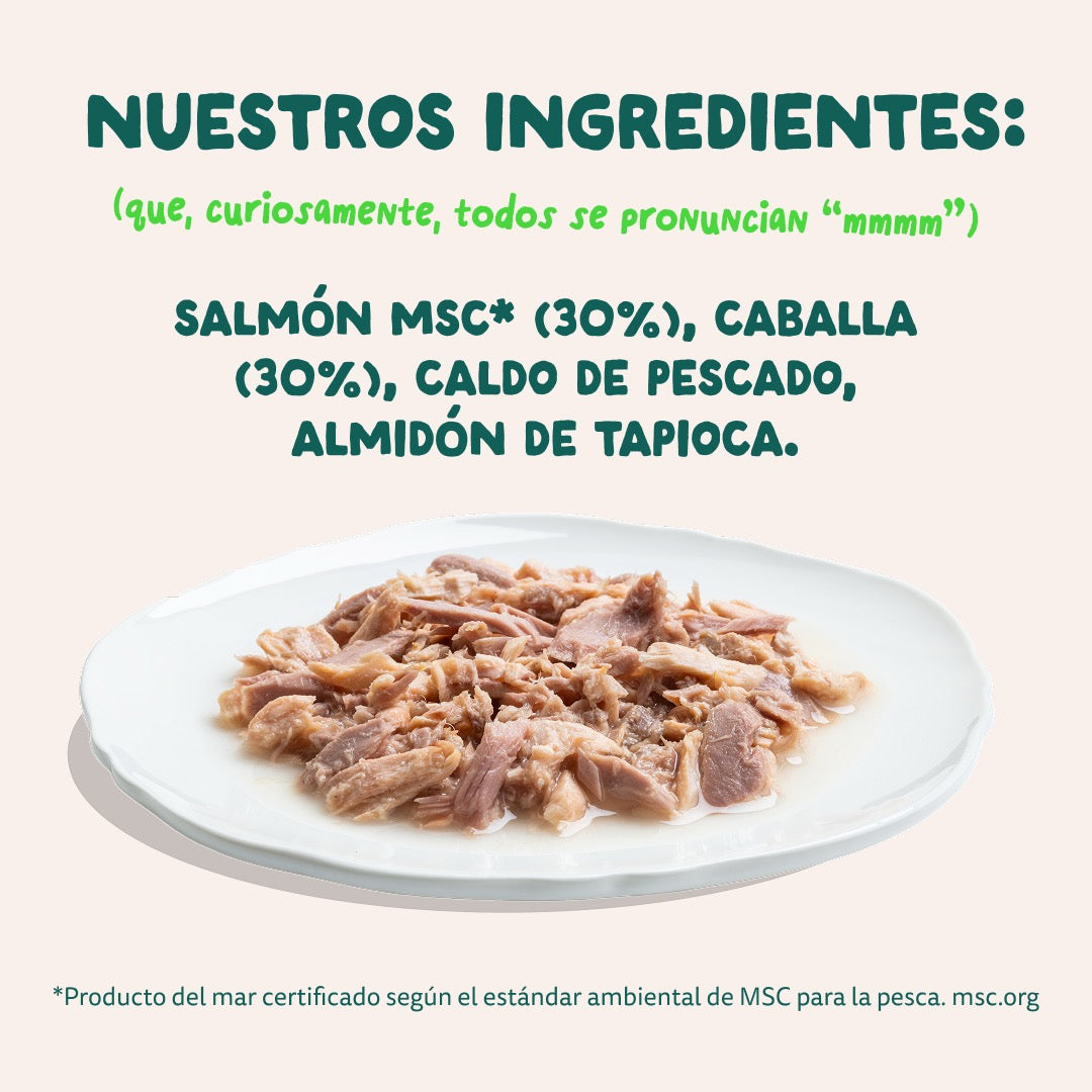 Comida húmeda complementaria sin cereales de filetes de salmón y caballa para gatos de la marca Edgard & Cooper.