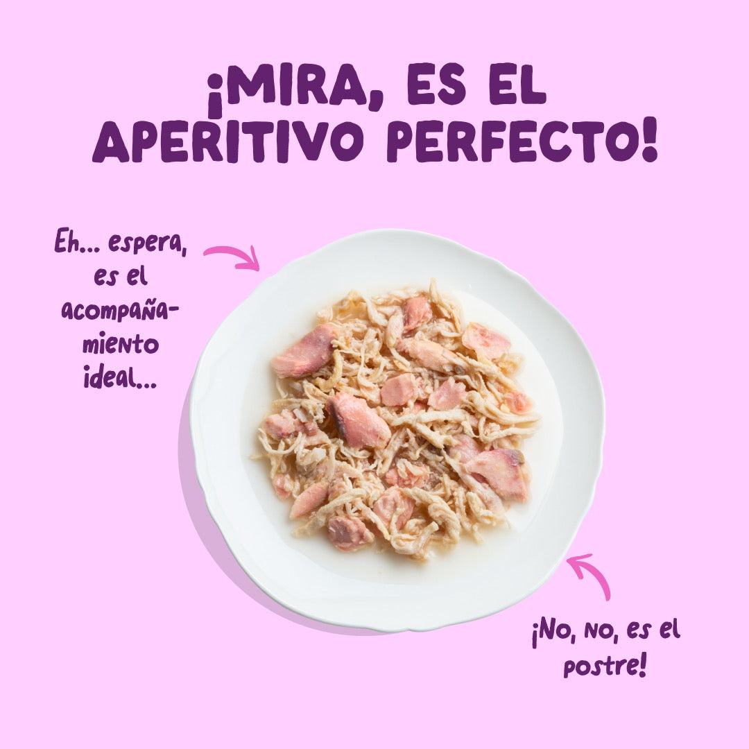 Comida húmeda complementaria sin cereales de filetes de salmon y pollo para gatos de la marca Edgard & Cooper.