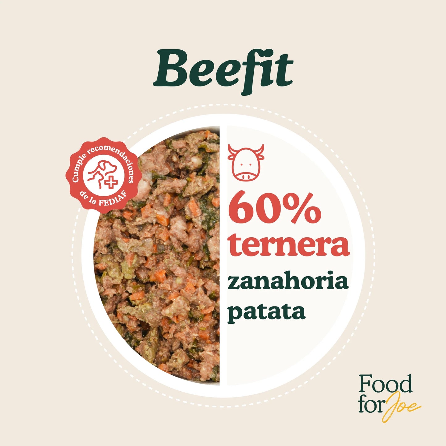 Food for Joe, receta Beefit, comida natural cocinada monoproteica de ternera para perros de todas las edades y tamaños