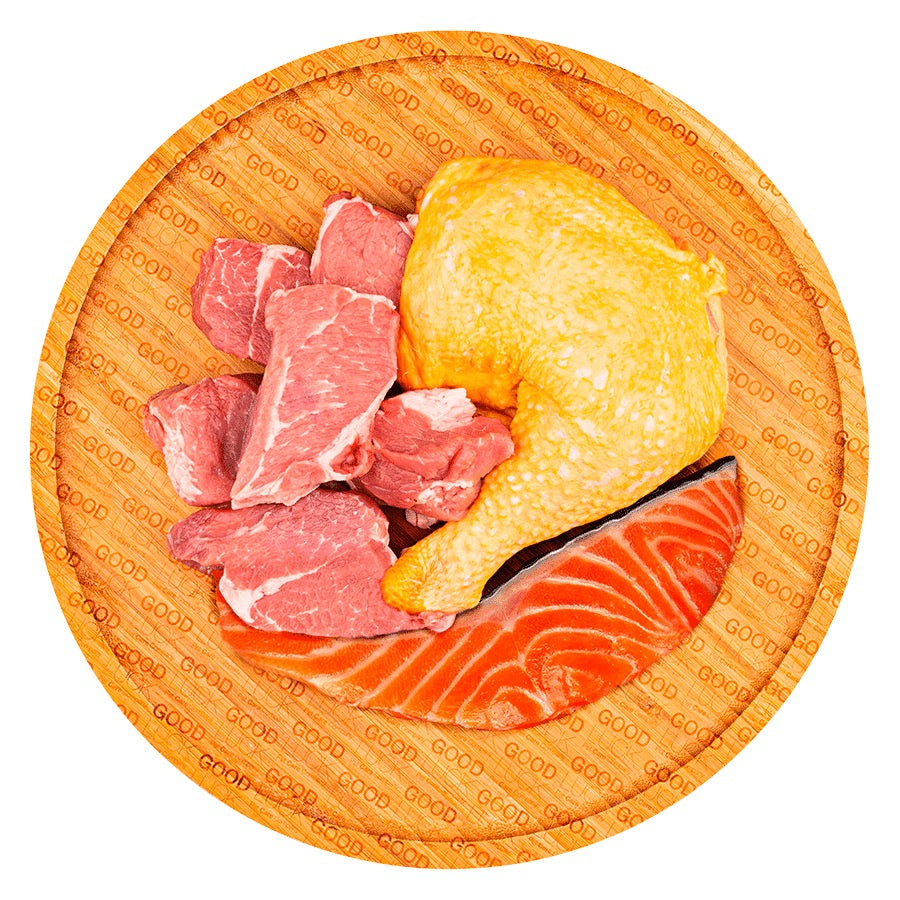 Good Luck, menú de alimentación cruda BARF elaborado con cerdo, salmón y pollo para gatos de todas las edades