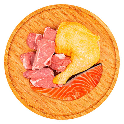 Good Luck, menú de alimentación cruda BARF elaborado con cerdo, salmón y pollo para gatos de todas las edades