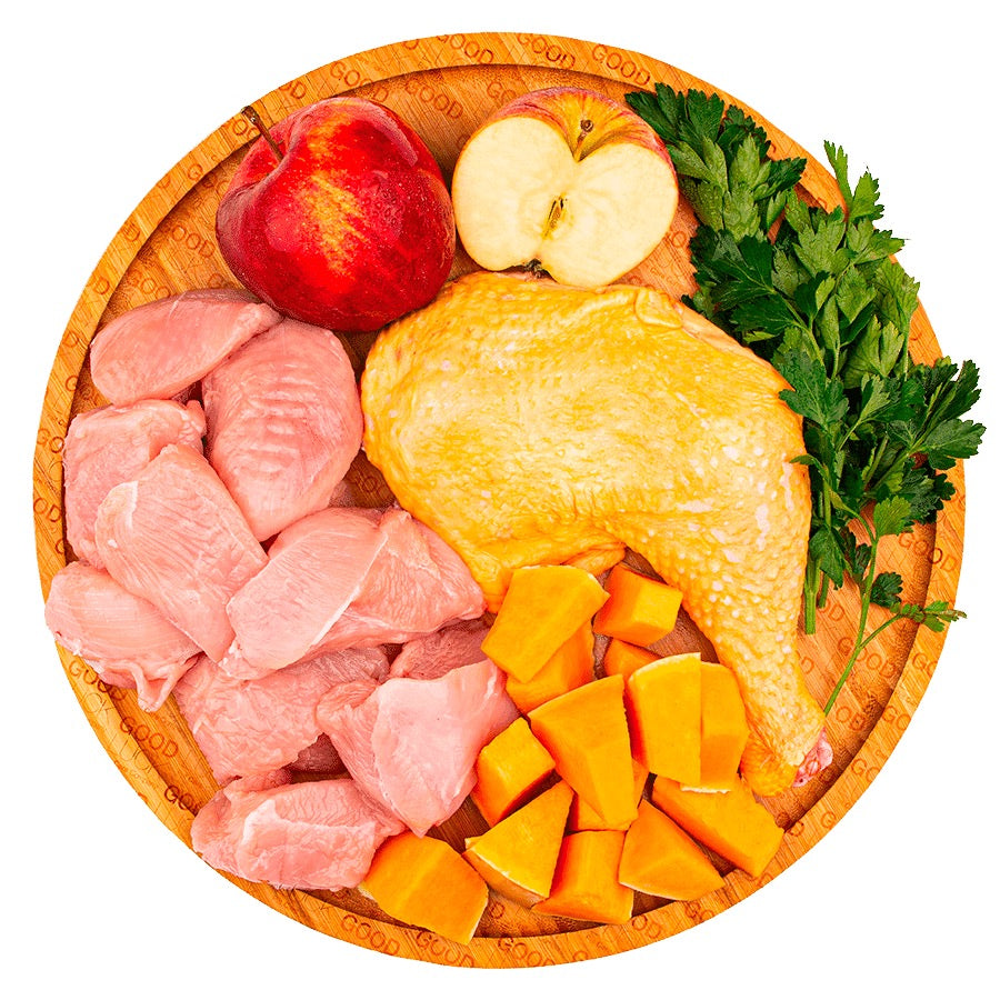 Good Luck, menú de alimentación cruda BARF elaborado con pollo y pavo para perros de todas las edades y tamaños