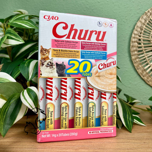 INABA - CHURU CAJA 20 UNIDADES - VARIEDADES DE ATÚN CON MARISCO PARA GATOS