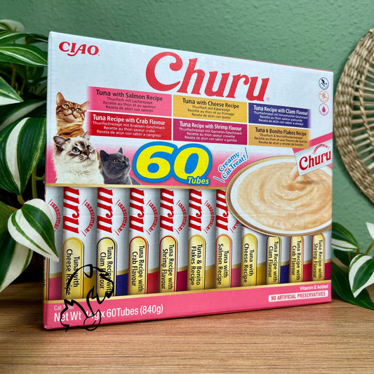 INABA - CHURU CAJA 60 UNIDADES - VARIEDADES DE ATÚN CON MARISCO PARA GATOS