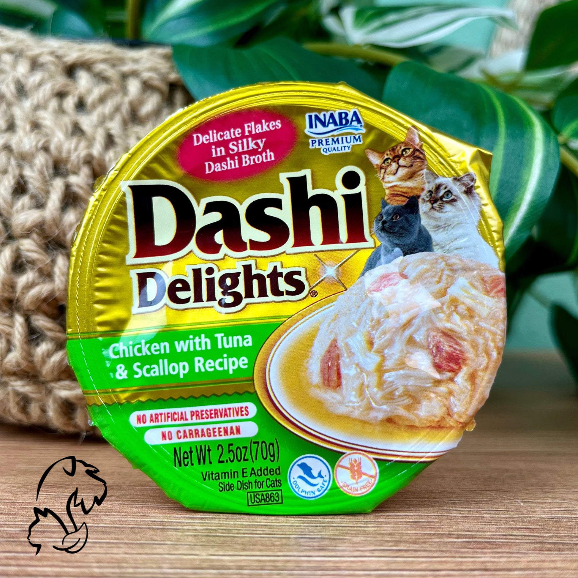 Inaba Dashi Delights, comida húmeda sin cereales y complementaria de pollo con atún y vieira en caldo de vieira para gatos