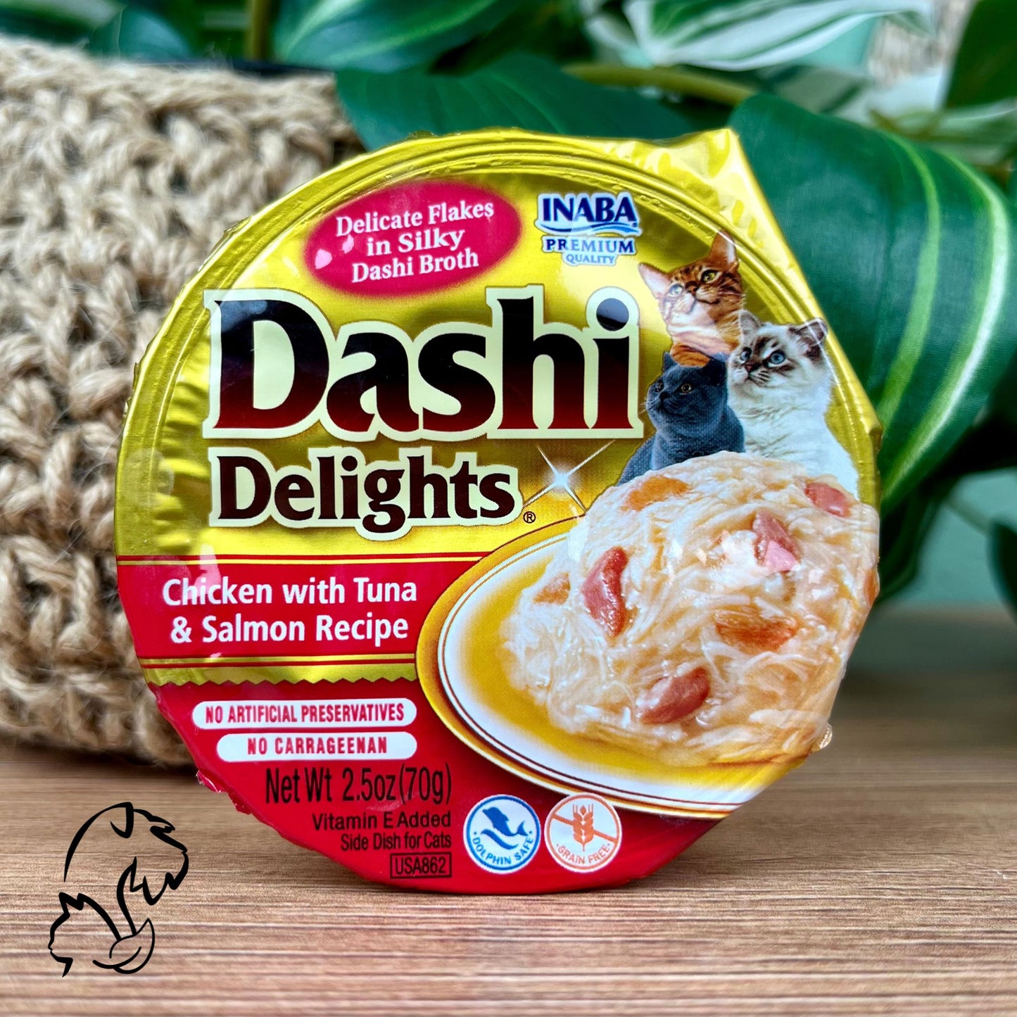 Inaba Dashi Delights de pollo, con atún y salmón, comida húmeda sin cereales y complementaria para gatos