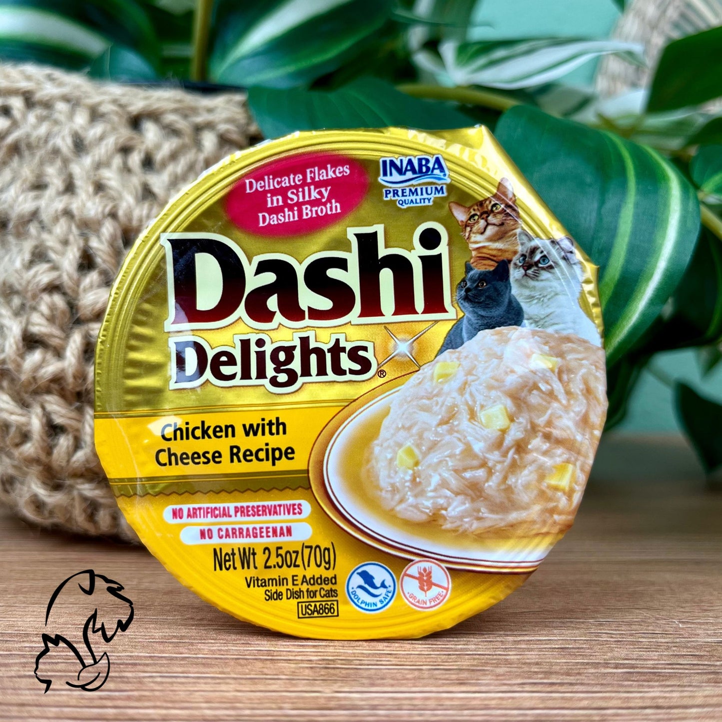 Inaba Dashi Delights, comida húmeda sin cereales y complementaria de pollo con queso en caldo de vieira para gatos