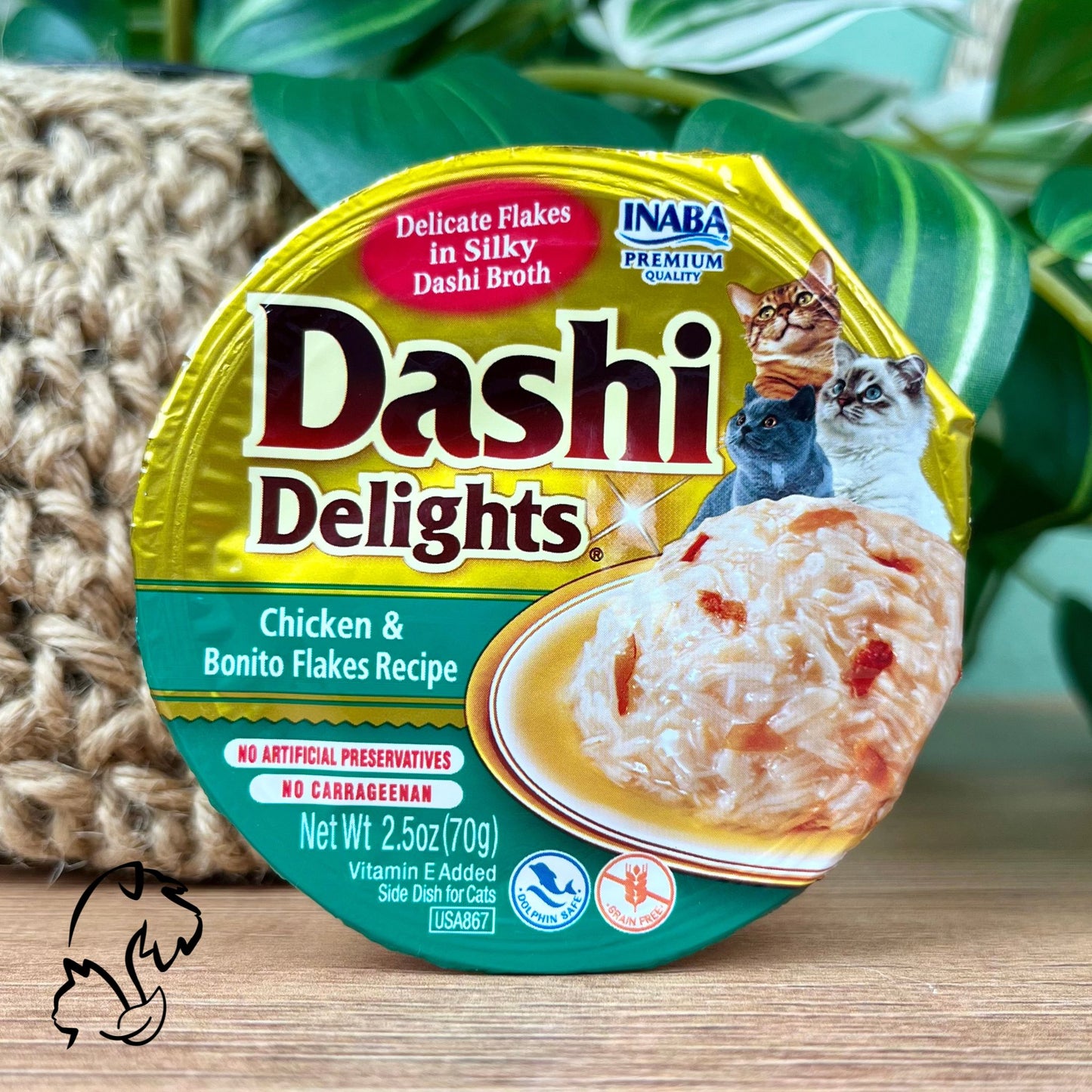 Inaba Dashi Delights, comida húmeda complementaria y sin cereales de pollo con virutas de bonito en caldo de vieira para gatos