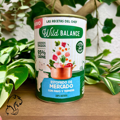 wild balance lata estofado de mercado de pollo, pavo, ternera y cerdo para perros