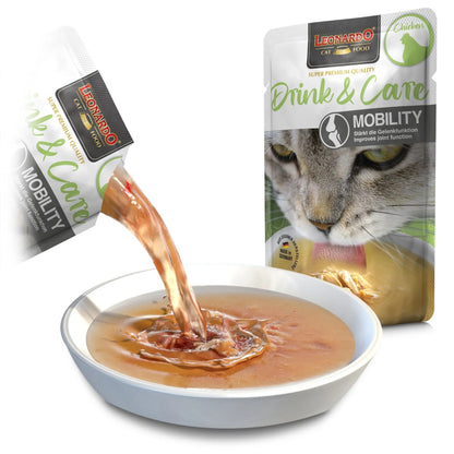 Drink Mobility de Leonardo, Sopa de pollo con colágeno para gatos que aporta hidratación y cuida articulaciones.