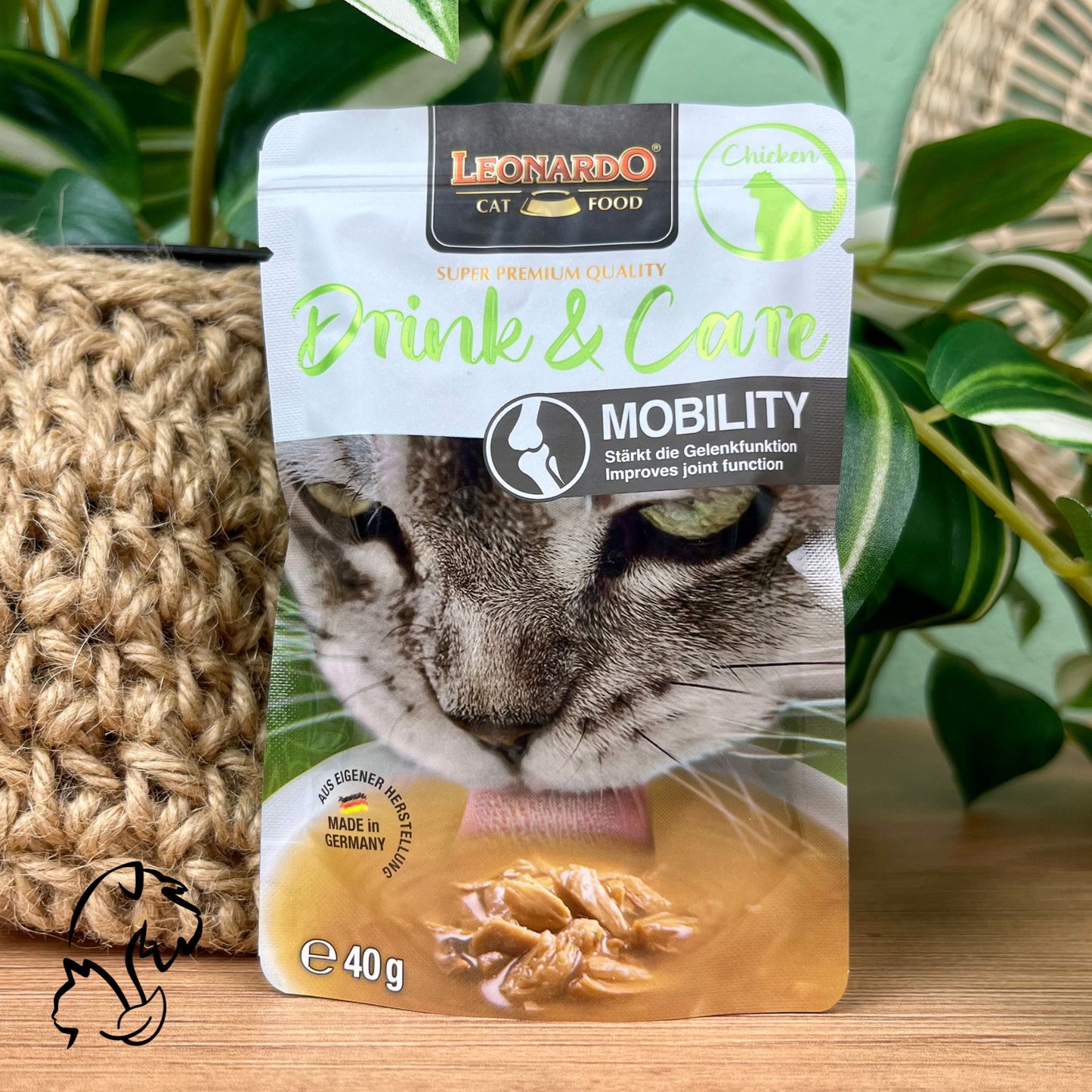 Drink Mobility de Leonardo, Sopa de pollo con colágeno para gatos que aporta hidratación y cuida articulaciones.