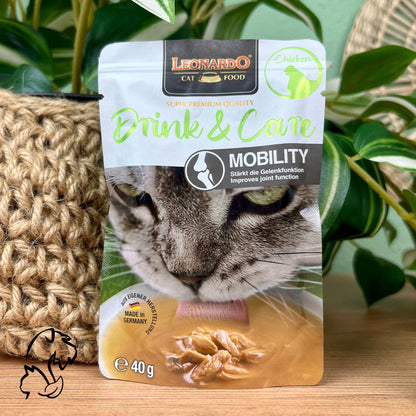 Drink Mobility de Leonardo, Sopa de pollo con colágeno para gatos que aporta hidratación y cuida articulaciones.