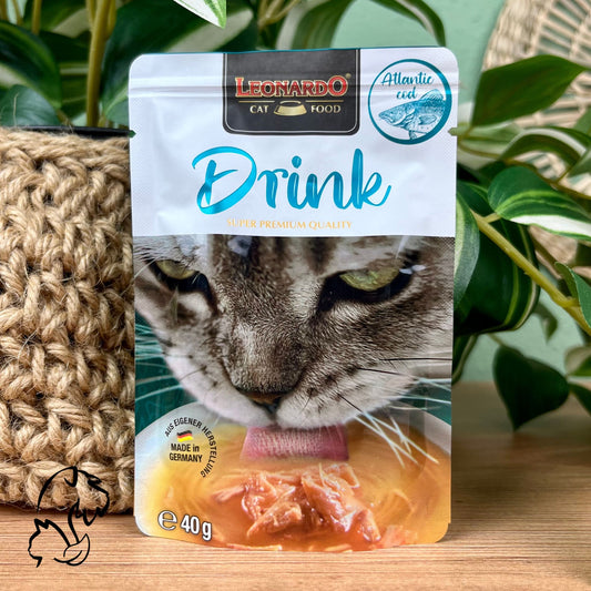 Drink bacalao de Leonardo, sopa de pollo y bacalao sin cereales para gatos que aporta hidratación.