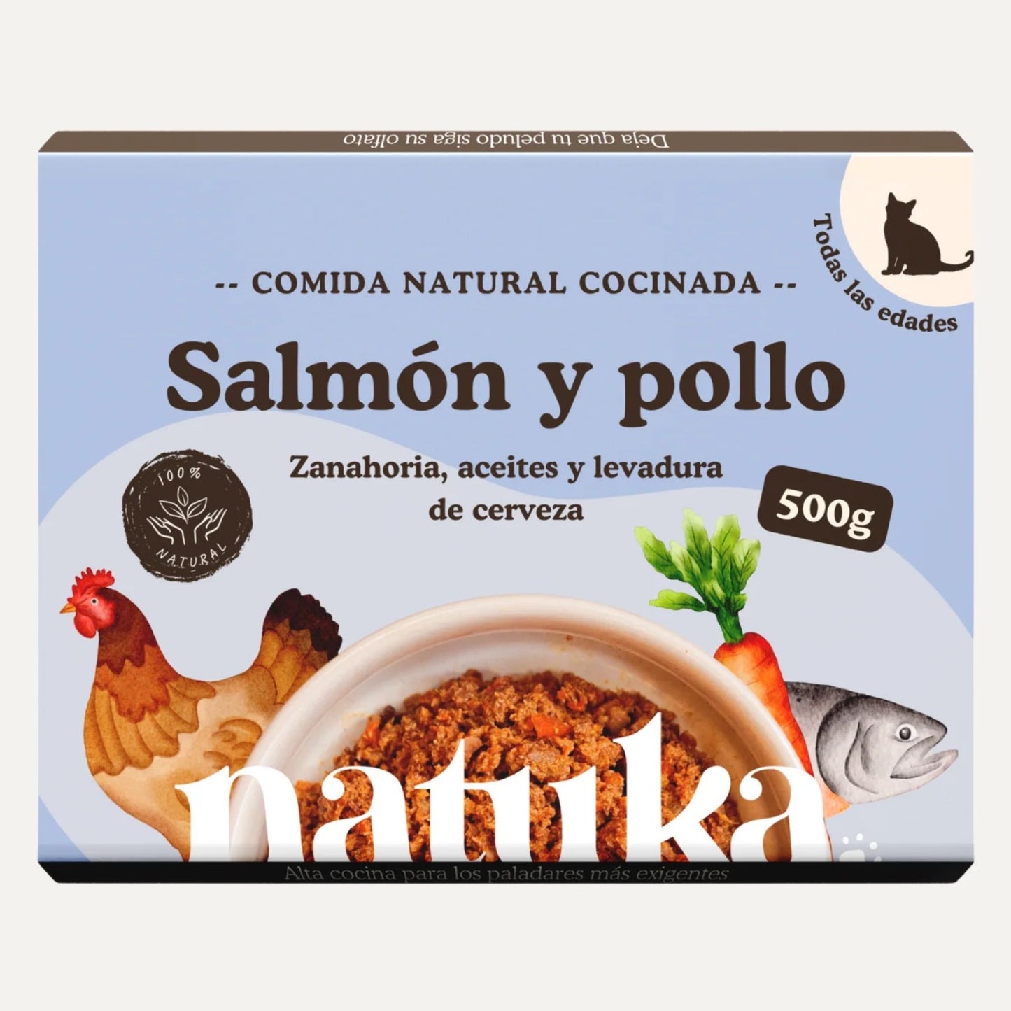 Natuka, comida natural cocinada, receta de pollo y salmón  para gatos de todas las edades.