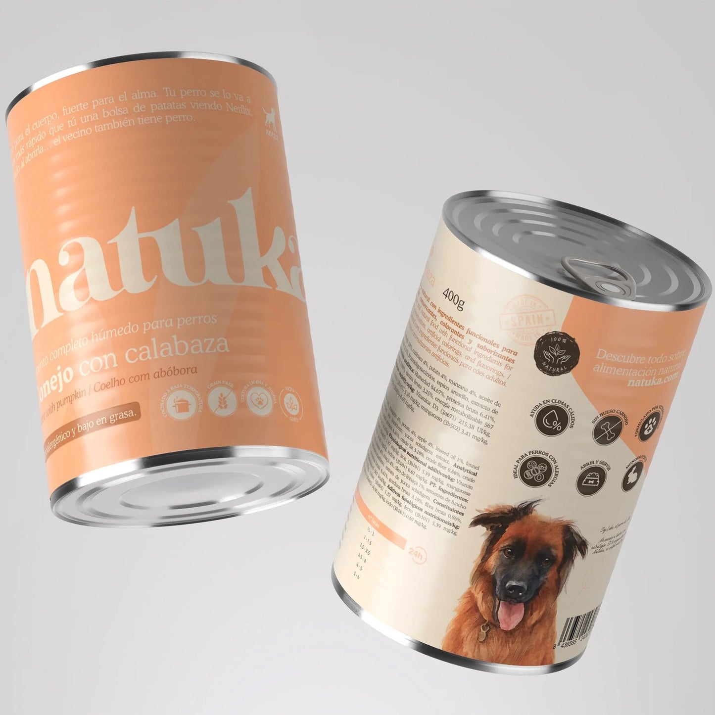 Lata de comida húmeda, monoproteica, completa y sin cereales para perros de la marca Natuka elaborada con conejo.