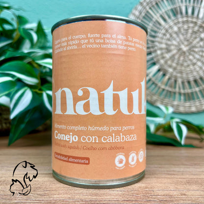 Lata de comida húmeda, monoproteica, completa y sin cereales para perros de la marca Natuka elaborada con conejo.