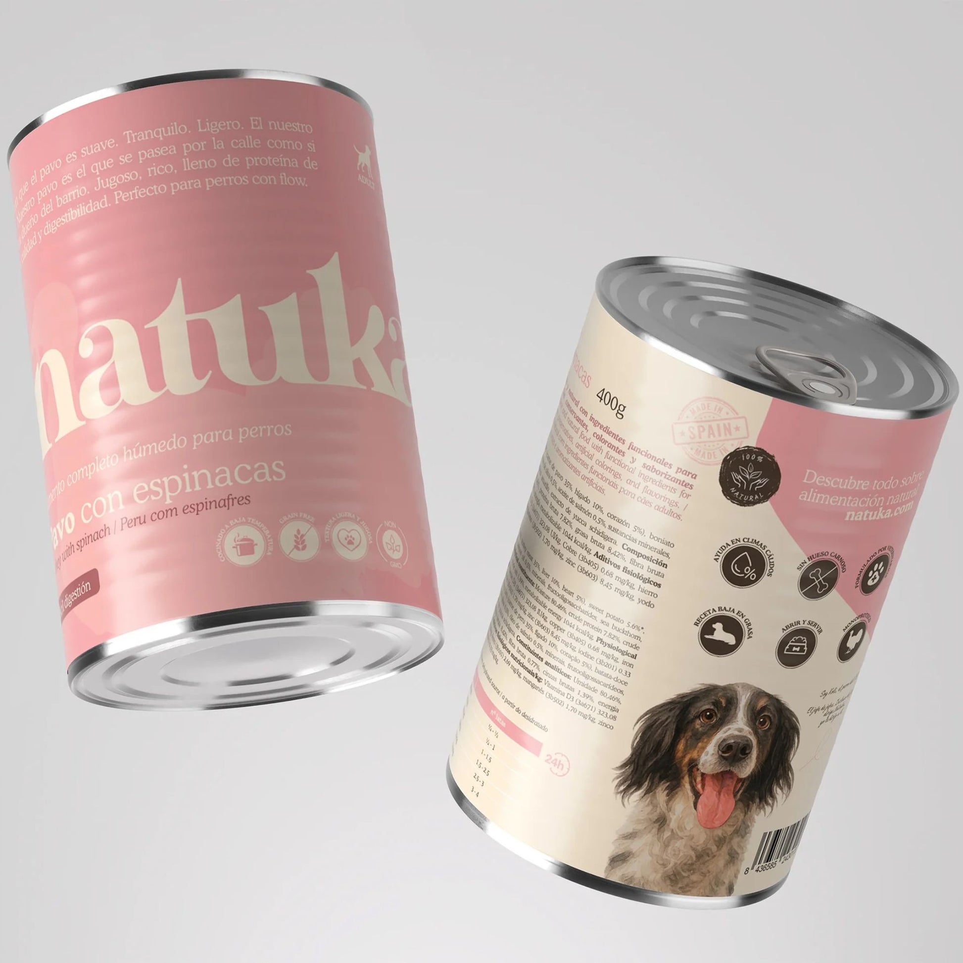 Lata de comida húmeda, monoproteica, completa y sin cereales para perros de la marca Natuka elaborada con pavo.