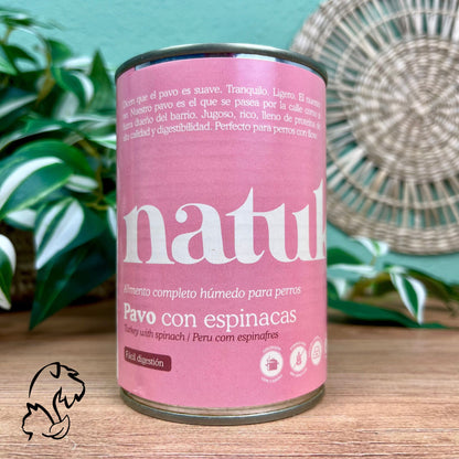 Lata de comida húmeda, monoproteica, completa y sin cereales para perros de la marca Natuka elaborada con pavo.